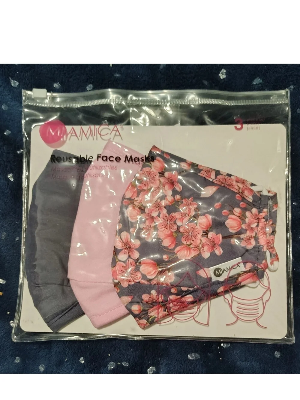 Mamica Women's Reusable Face Mask 3-Pack - Pink Floral & Blue Stripe